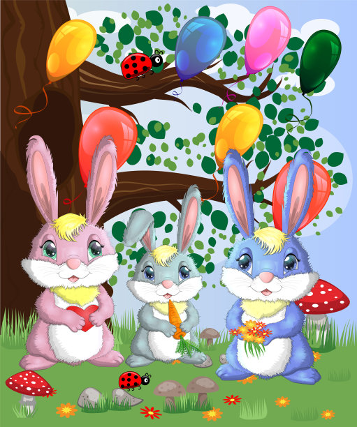 林中空地上的三只小兔子妈妈图片下载