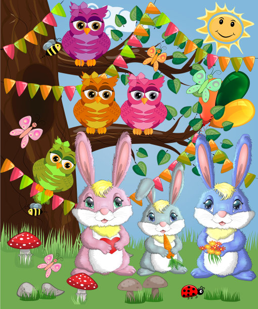 林中空地上的三只小兔子妈妈图片下载