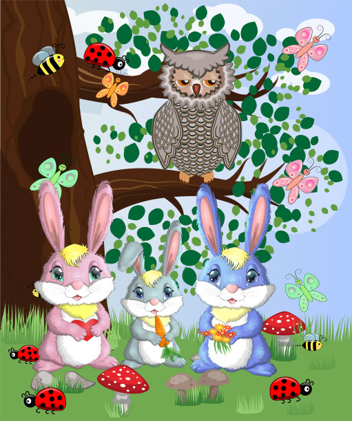 林中空地上的三只小兔子妈妈图片下载