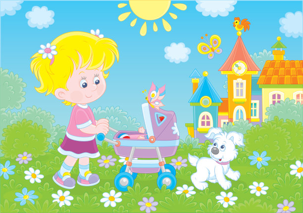 带着玩具婴儿车的小女孩图片下载