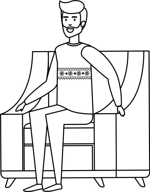 一个男人穿着圣诞毛衣坐在沙发上图片下载