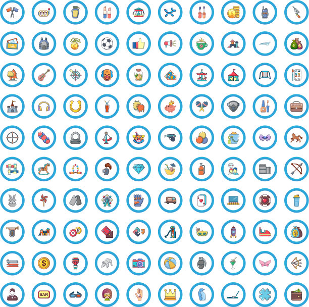 100个娱乐图标设置卡通风格图片下载