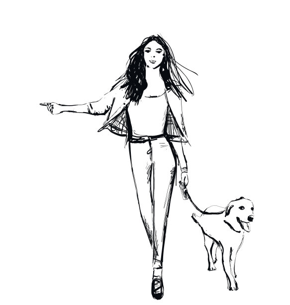 女孩和她的宠物时尚女人遛狗图片下载