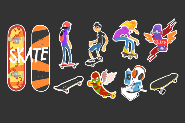 平面设置的彩色滑板图标图片下载