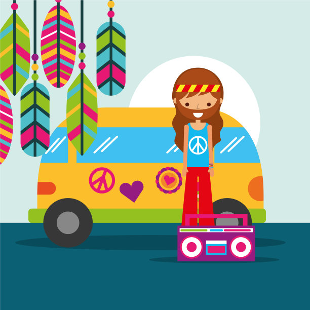 有货车和复古电台音乐的嬉皮士图片下载