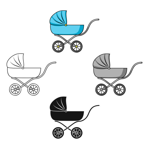 婴儿车图标在卡通黑色风格孤立的白色图片下载