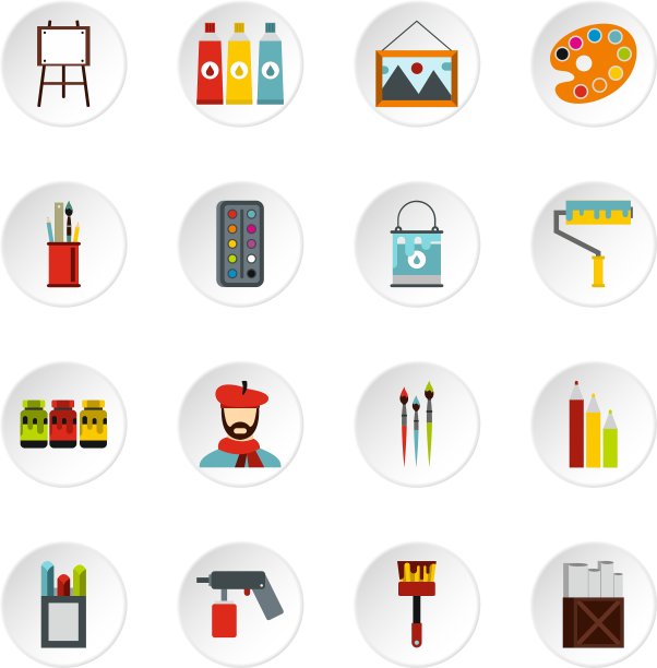 艺术家工作室图标设置平面风格图片下载