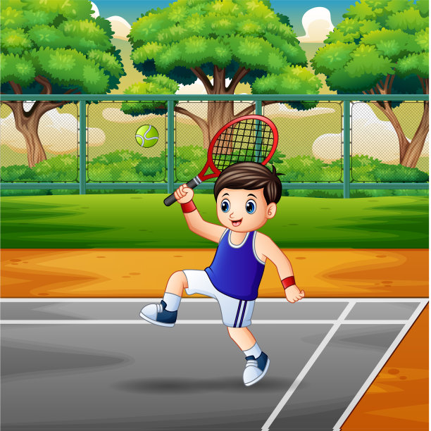 快乐男孩在球场打网球图片下载