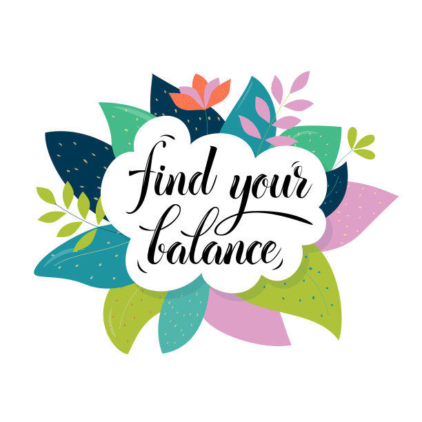 找到你的平衡文字卡片字母。矢量脚本和手写排版。美丽的条幅与绿叶和植物隔绝。图片下载