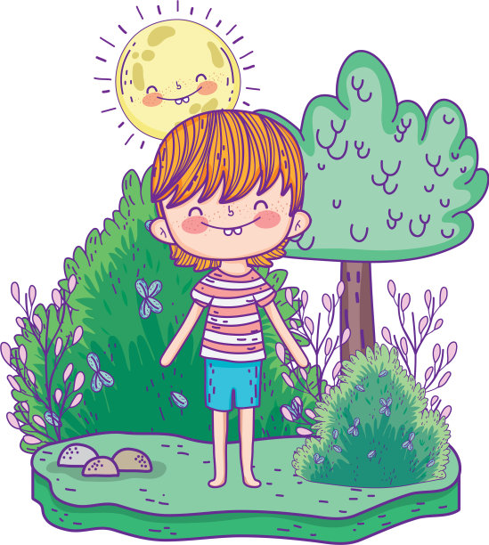 可爱的小男孩和太阳卡哇伊在风景图片下载