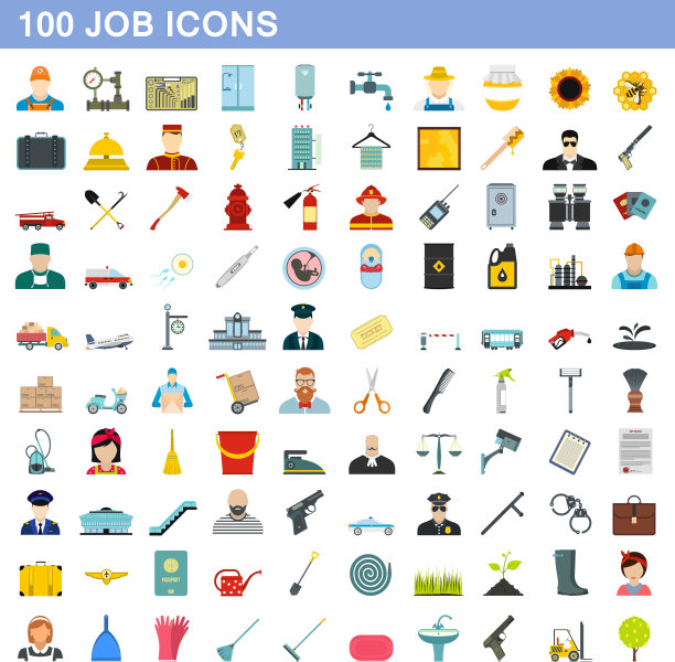 100个工作图标设置扁平风格图片下载