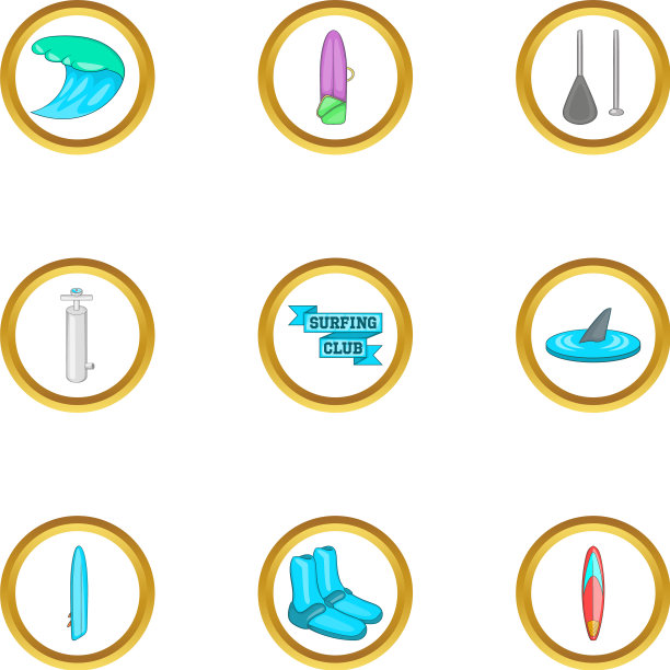 冲浪俱乐部图标设置卡通风格图片下载
