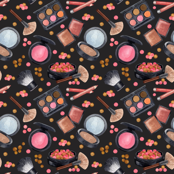 水彩构成无缝图案。手绘无缝化妆品模式与口红，眼影，粉末，化妆品纹理，刷子，睫毛膏在黑暗的背景图片下载