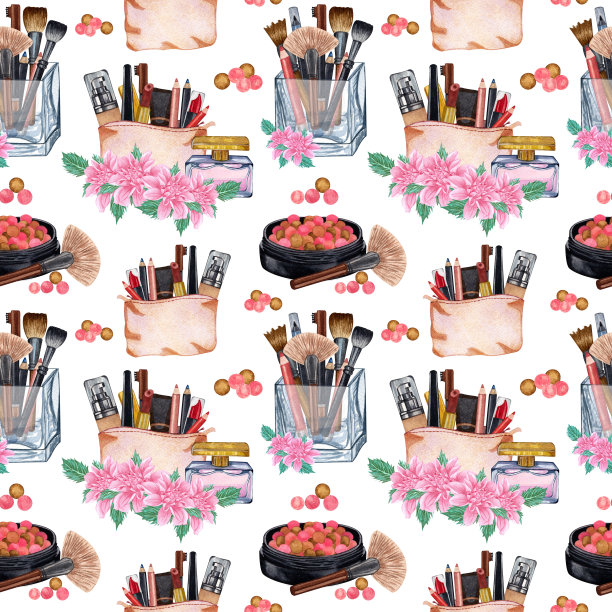 水彩构成无缝图案。手绘无缝化妆品图案与口红，眼影，粉末，化妆品纹理，刷子，睫毛膏在白色的背景图片下载