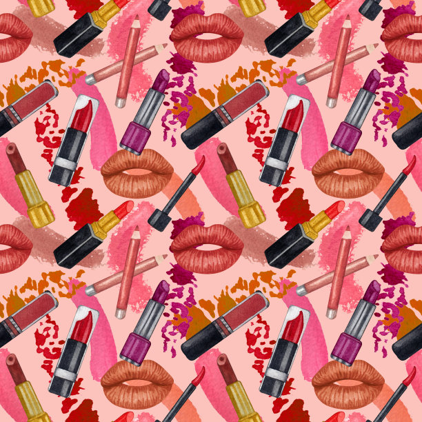 水彩构成无缝图案。手绘无缝化妆品模式与口红，眼影，粉末，化妆品纹理，刷子，睫毛膏在粉红色的背景图片下载