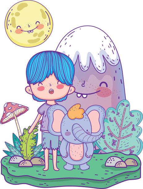 小象和小男孩在风景里图片下载