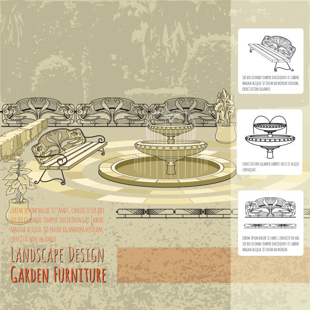 长凳喷泉栏杆和花盆里的花图片下载