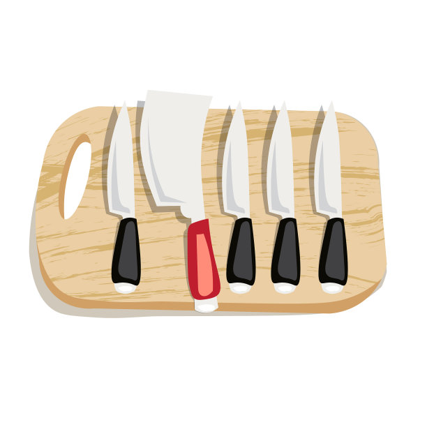 一套厨房刀在一个板上俯视图图片下载