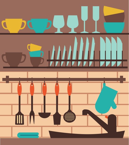 色彩丰富的厨房水槽与器具图片下载