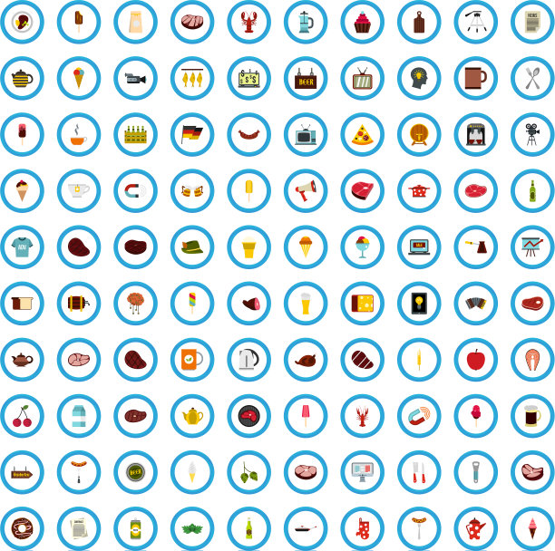 100个酒吧广告图标设置扁平风格图片下载
