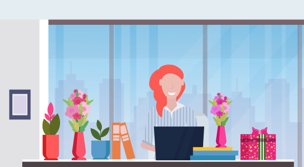 女商人坐在工作场所拿着礼物图片下载