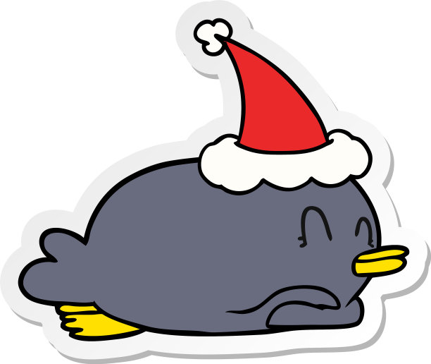 企鹅戴着圣诞老人的帽子躺在地上图片下载