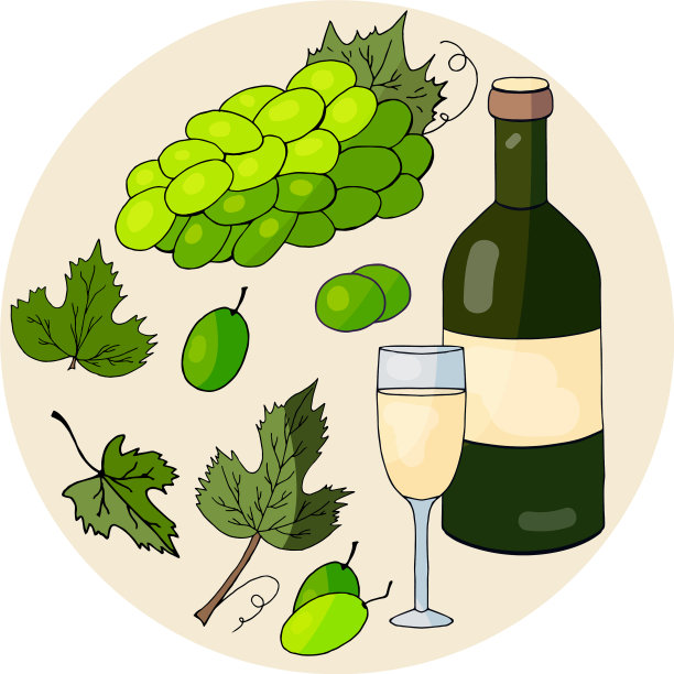 一套手绘元素瓶与白葡萄酒图片下载