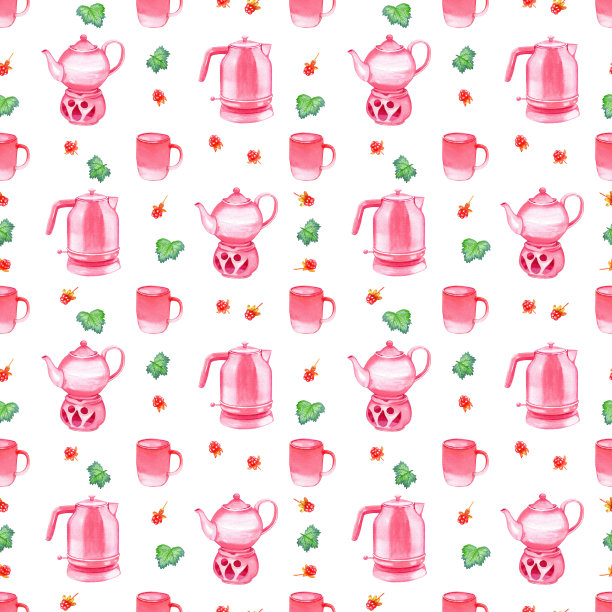 水彩无缝模式与茶壶，杯子，浆果和云莓叶孤立在一个白色的背景。完美的纺织品，壁纸，邀请函，包装纸，包装，背景，壁纸。图片下载