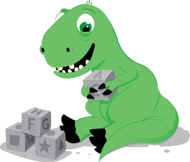 可爱的小恐龙玩着石头立方体玩具图片下载