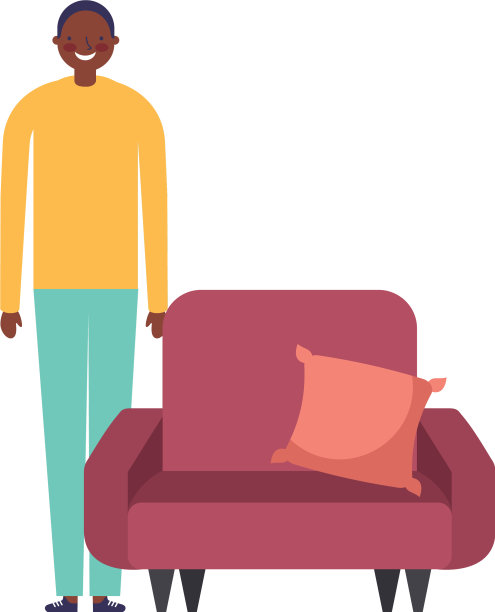 一个男人站在有靠垫的沙发旁边图片下载