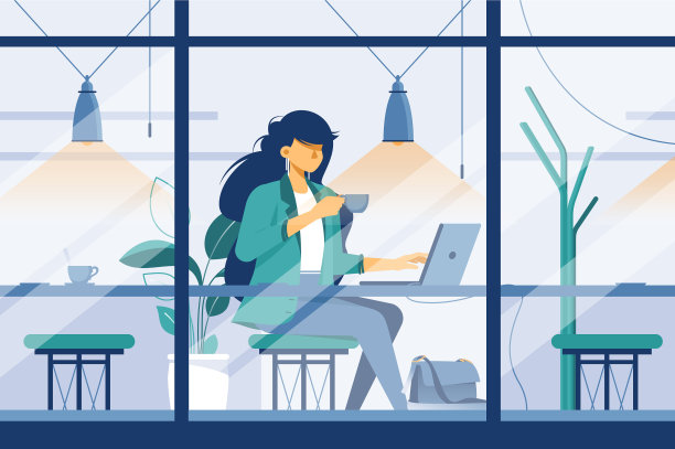 一个带着笔记本电脑的扁平小女孩在咖啡馆上班图片下载