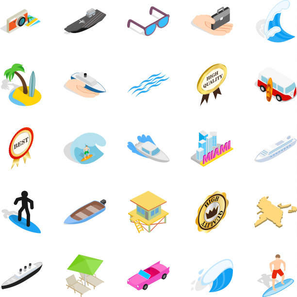 海滩假日图标设置等距风格图片下载