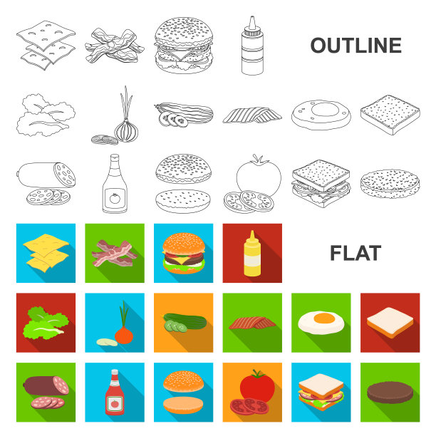 汉堡和配料平面图标设置图片下载