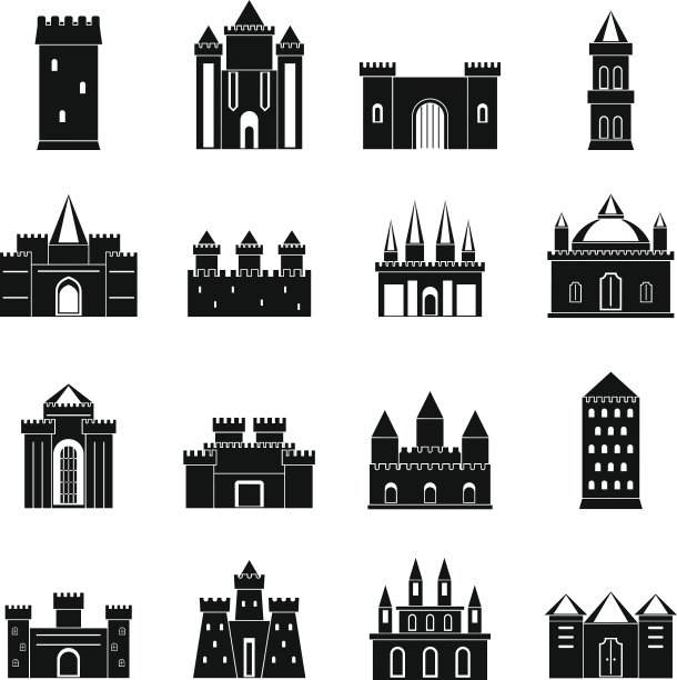 塔和城堡的图标设置简单的风格图片下载