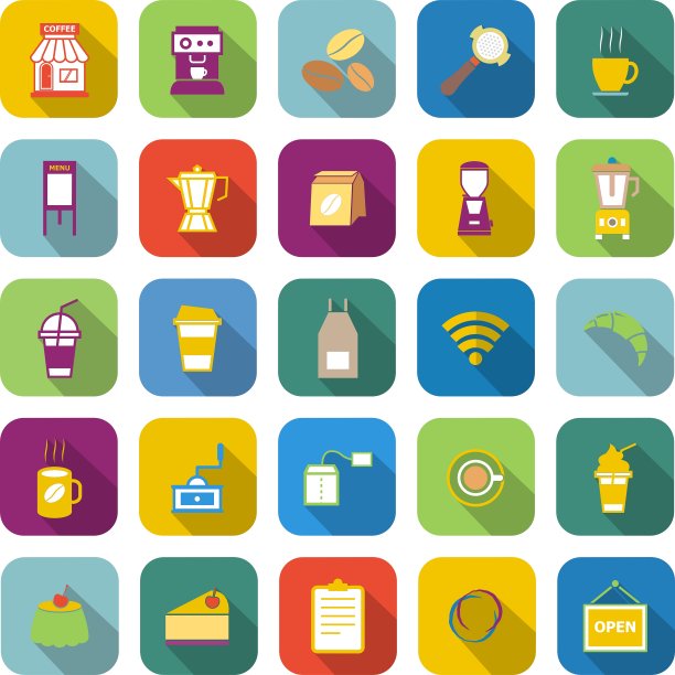 咖啡店的颜色图标有长阴影图片下载