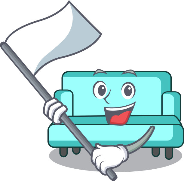 配有旗帜沙发的吉祥物卡通风格图片下载