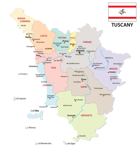 托斯卡纳行政和政治地图与旗帜图片下载