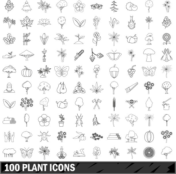 100个植物图标设置轮廓风格图片下载