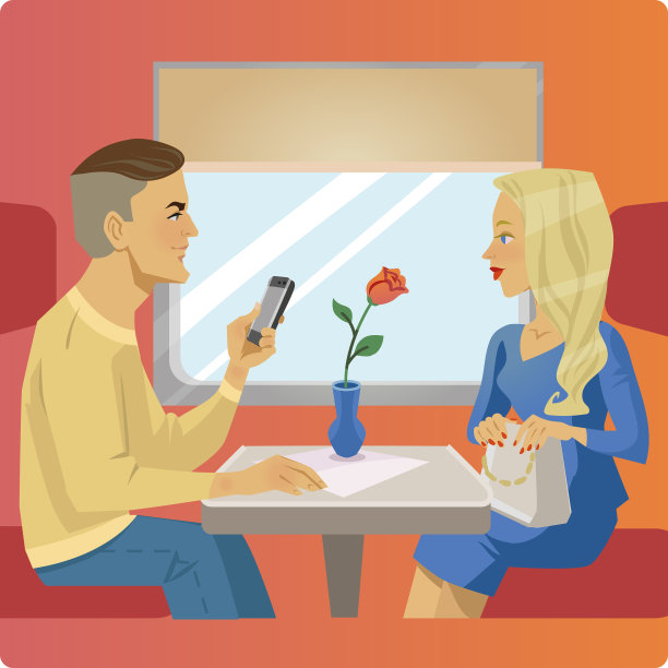 一男一女坐在火车餐厅靠窗的地方图片下载