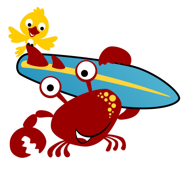 卡通螃蟹携带冲浪板和一只鸟图片下载