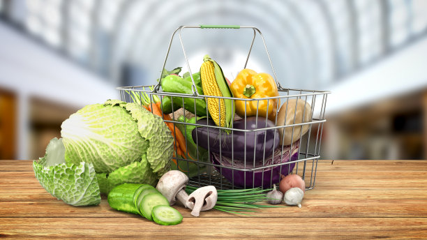 菜篮子与蔬菜概念的新鲜食品销售或杂货店设置在市场背景的3d渲染图片下载