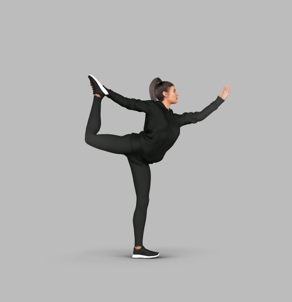 年轻女子在运动服装摆姿势的灰色背景，3D渲染图片下载