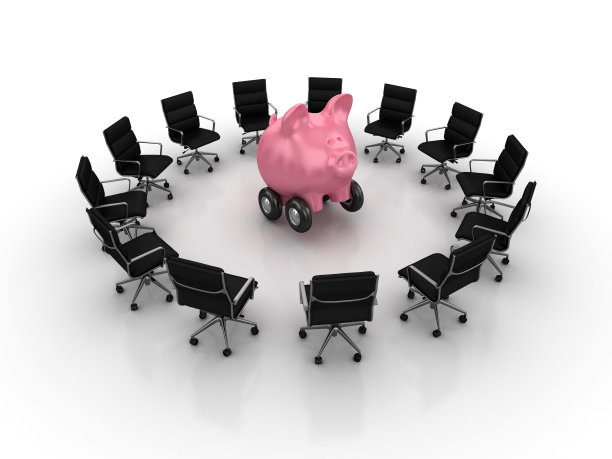 椅子与小猪银行在轮子上的团队合作- 3D渲染图片下载