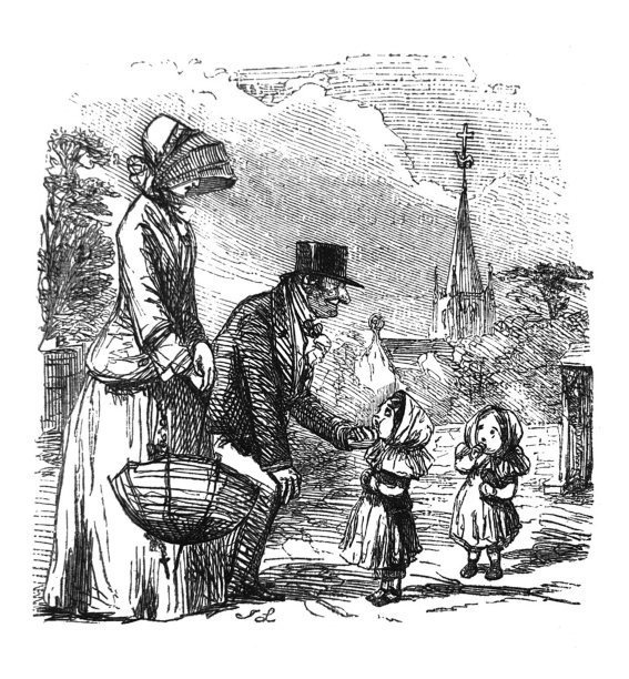 英国讽刺漫画漫画插图一对夫妇在教堂附近的街道上问候小女孩图片下载