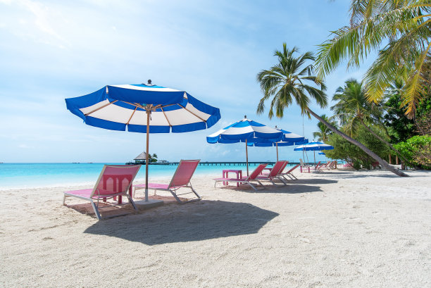 美丽的热带岛屿海滩配有躺椅和雨伞图片下载