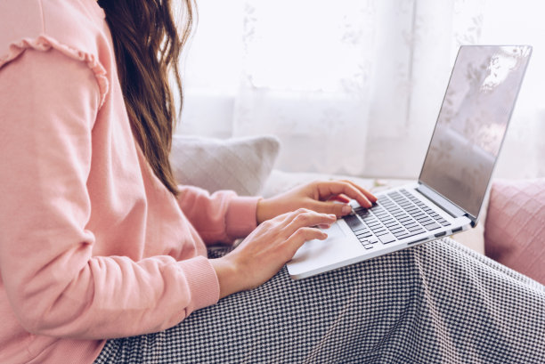 年轻女子坐在沙发上，在家里工作。图片下载