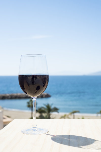 在西班牙穆尔西亚的阿吉拉斯，地中海附近的一个露台上，一杯红酒图片下载