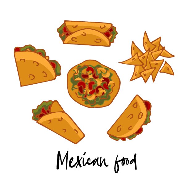 墨西哥传统食物的图标。墨西哥卷饼，炸玉米饼，烤玉米饼，玉米饼，玉米片，白色背景。平的风格。矢量插图菜单，海报，网页。图片下载
