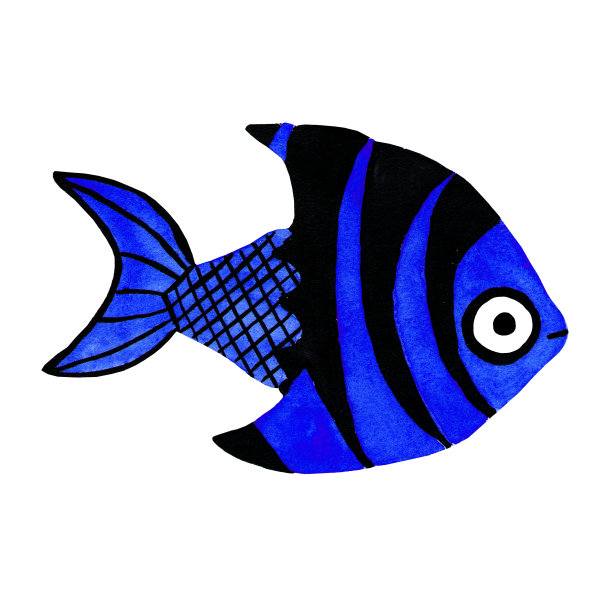色彩鲜艳的卡通鱼。美丽的神仙鱼。蓝色和黑色条纹。图片下载