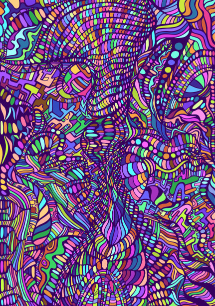 装饰迷幻怪诞超现实的涂鸦图案。彩虹色抽象图案，迷宫般的装饰。矢量手绘插图。错综复杂的装饰品。矢量手绘插图。图片下载